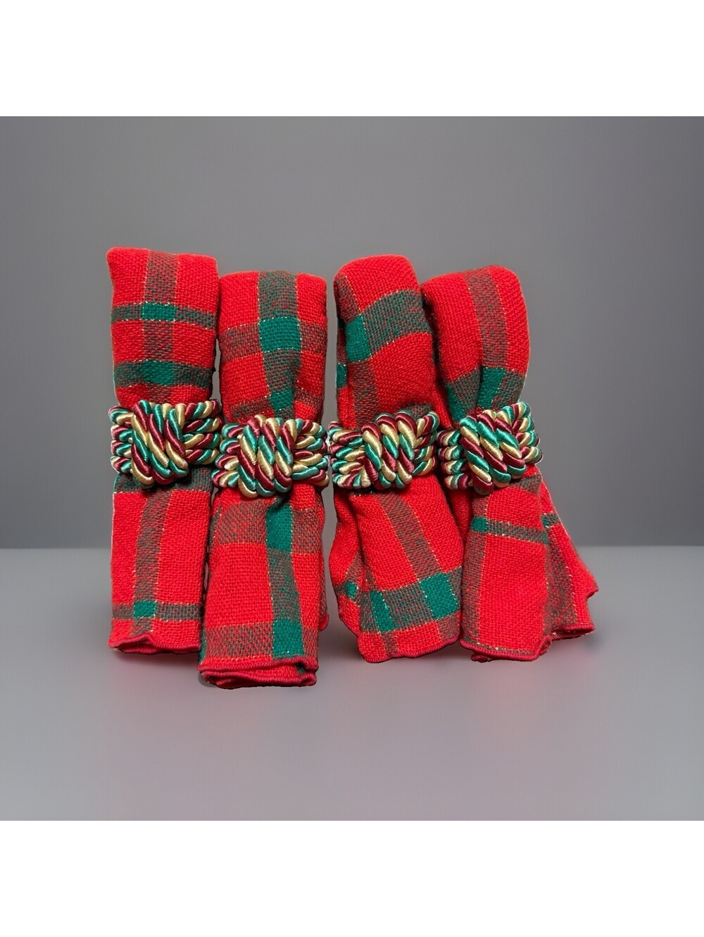 Set of 4 Christmas Cloth Napkins Braided Cord Napkin Rings Holiday Decor 8pc